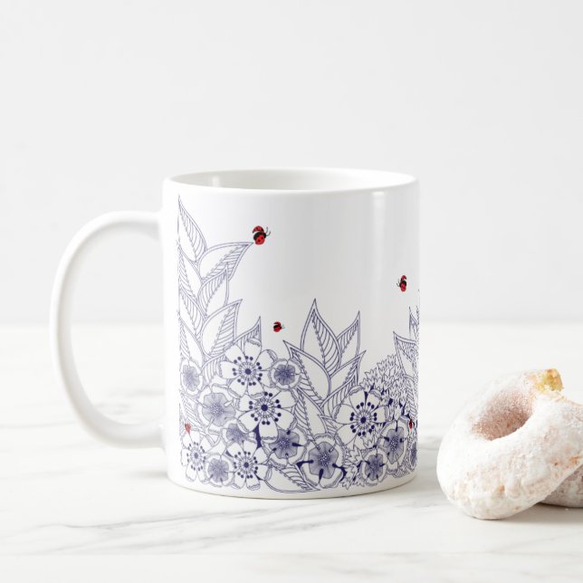 Mug à la frontière florale bleue (Avec donut)