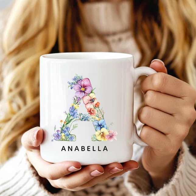 Mug à l'alphabet floral personnalisé pour elle Mam (Custom Floral Initial Mug Name Gift, Custom Floral Alphabet Mug for Her, Monogram Flower Mug Gift)