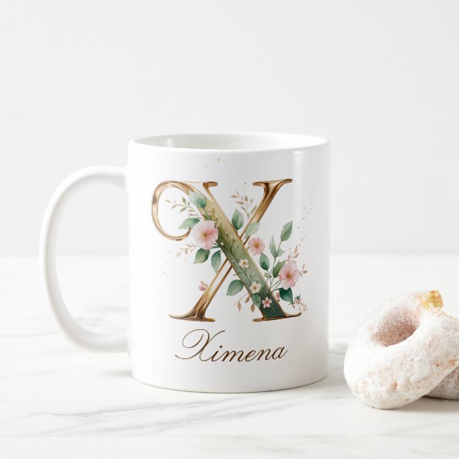 Mug à monogramme X floral or élégant (Avec donut)