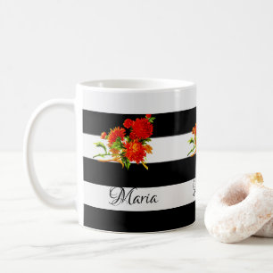 Mug à rayures blanches et noires florales