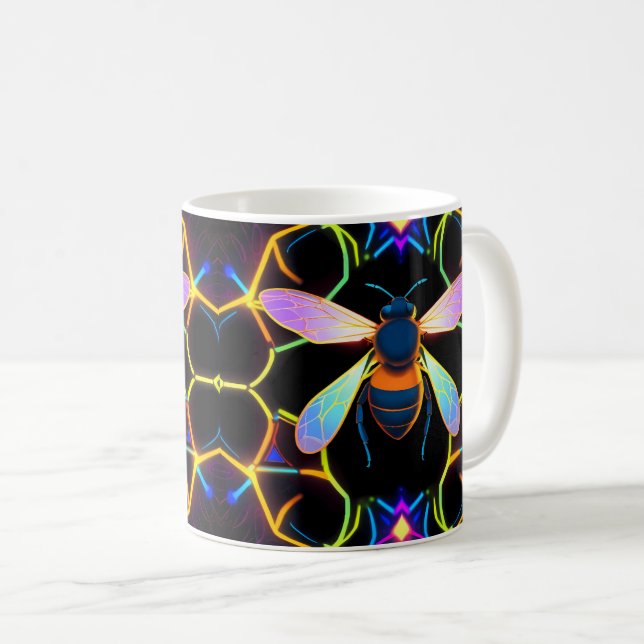Mug Abeille de miel néon vibrante avec Hexagonal Abstr (Devant droit)
