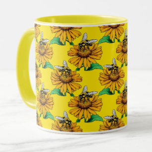 Mug Abeille sur motif de fleur de tournesol jaune