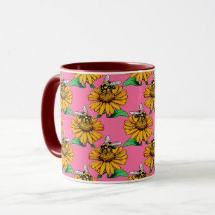 Mug Abeille sur motif de fleur de tournesol rose