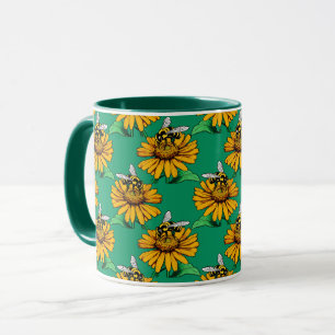 Mug Abeille sur motif de fleur de tournesol vert