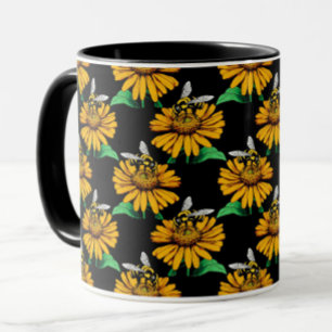 Mug Abeille sur Tournesol Fleur Motif Design Noir