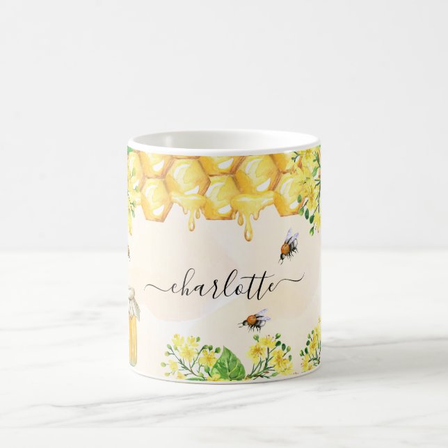 Mug abeilles bourdon miel jaune florales nom script (Centre)