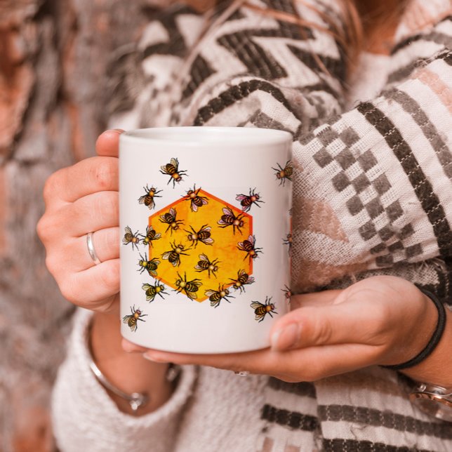 Mug Abeilles de miel avec dessin d'hexagone jaune oran (Créateur téléchargé)