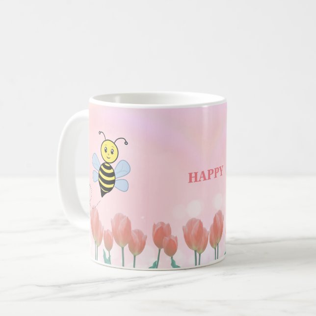 Mug Abeilles Heureuses et Tulipes Roses (Devant gauche)