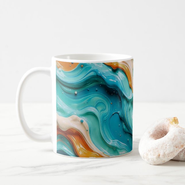 Mug Abstract Swirling Teal and Orange Glossy Fluid  (Avec donut)