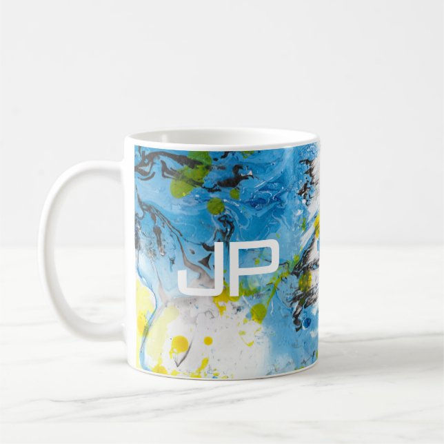 Mug Abstrait Art bleu jaune Modèle Monogramme (Gauche)