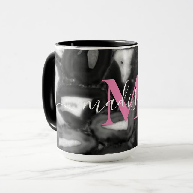 Mug Abstrait Black White agates script de code monogra (Devant gauche)