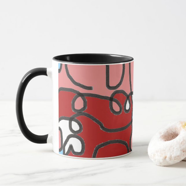 Mug Abstrait Floral rouge, rose et bleu (Avec donut)