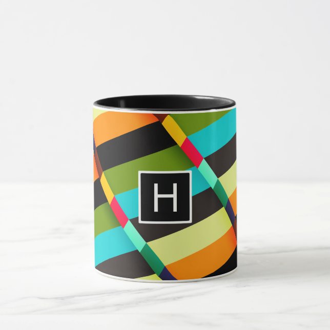 Mug Abstrait Moderne Coloré Rayures & Monogramme (Centre)