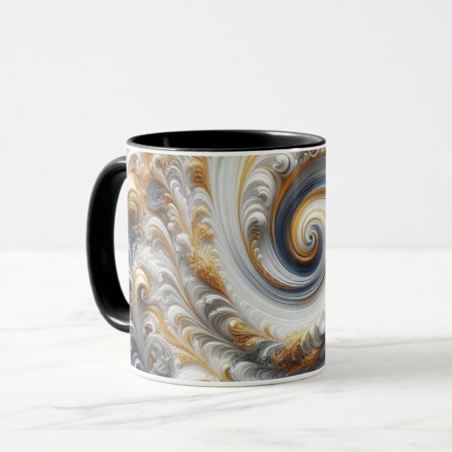 Mug Abstrait Moderne Tourbillonnant Or, Noir et Blanc  (Devant gauche)