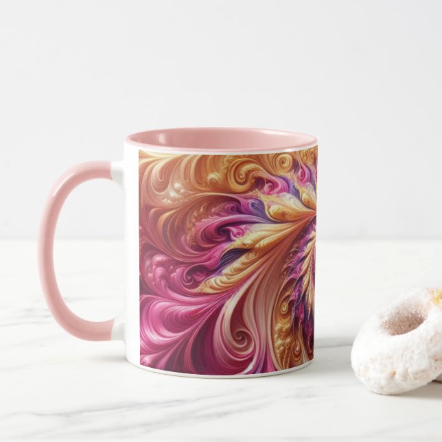 Mug Abstrait Moderne Tourbillonnant Rose, Or et Violet (Avec donut)