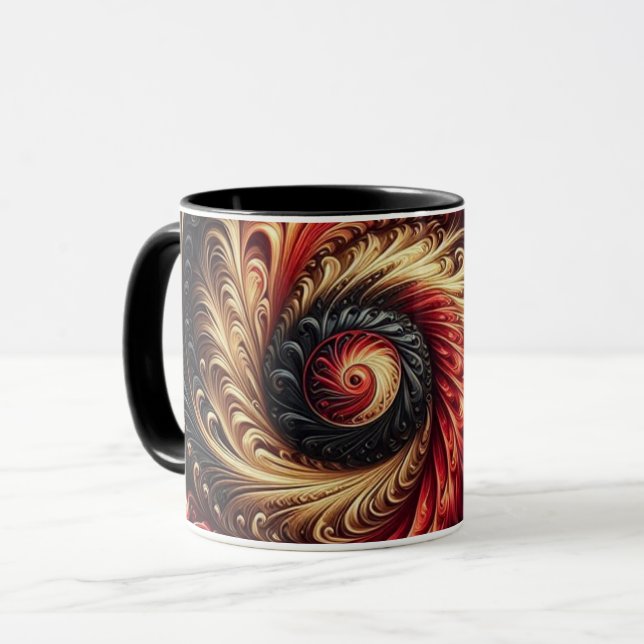 Mug Abstrait Moderne Tourbillonnant Rouge, Noir et Or (Devant gauche)