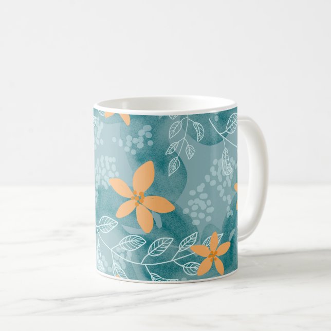 Mug Abstrait motif floral orange turquoise (Devant droit)