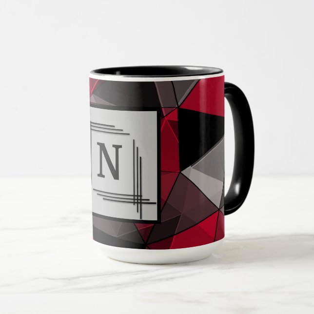 Mug Abstrait, noir et rouge, monogramme, personnalisé (Devant droit)