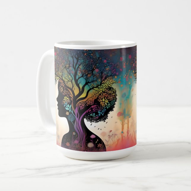 Mug Abstraite Dame Mère Nature Arbres Et Fleurs, (Devant gauche)