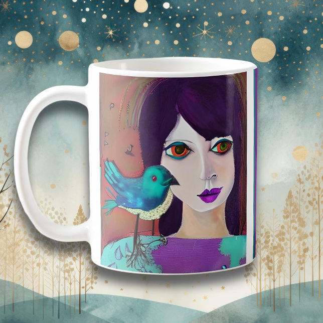 Mug Abstraite fille et oiseau pourpre et Turquoise Per (Créateur téléchargé)