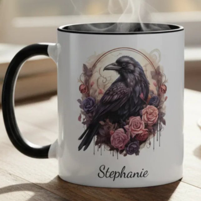 Mug Academia Sombre Corbeau Floral Gothique (Raven floral coffee mug for nature lovers, ideal for a birthday.)