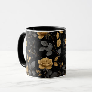 Mug Accent doré élégant Rose Motif floral noir