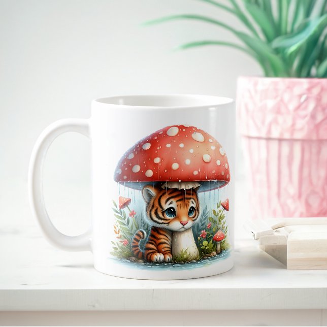 Mug Adorable Bébé Tiger Cub Sous Parapluie Champignons (Créateur téléchargé)