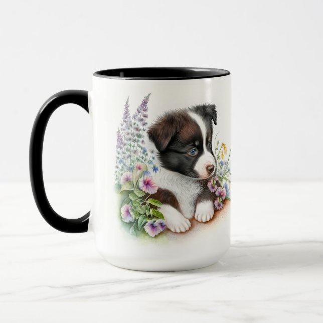 MUG ADORABLE BLACK BLANC BORDER COLLIE PUPPING CHIEN (Gauche)