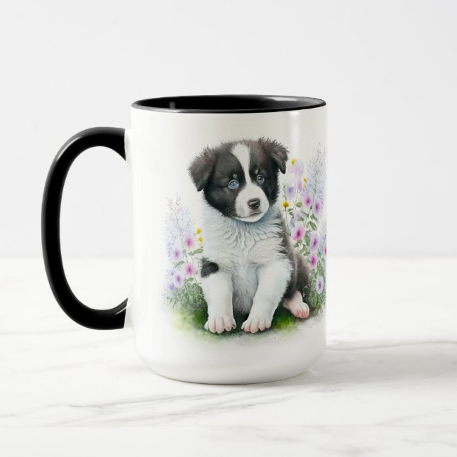 MUG ADORABLE BLACK BLANC BORDER COLLIE PUPPING CHIEN (Gauche)