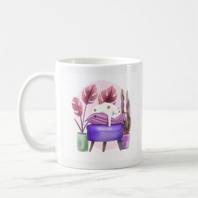 Mug Adorable Charme Cosy Cute Blanc Chat Napping Viole (Gauche)