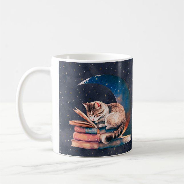 Mug Adorable Chat sur la Lune Lire un livre (Gauche)