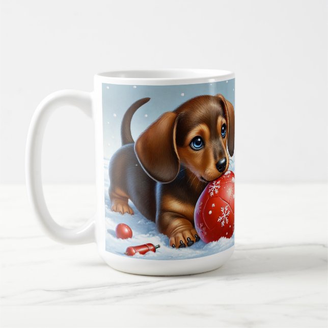 Mug Adorable Chiot Dachshund Jouant Avec Boule Rouge (Gauche)