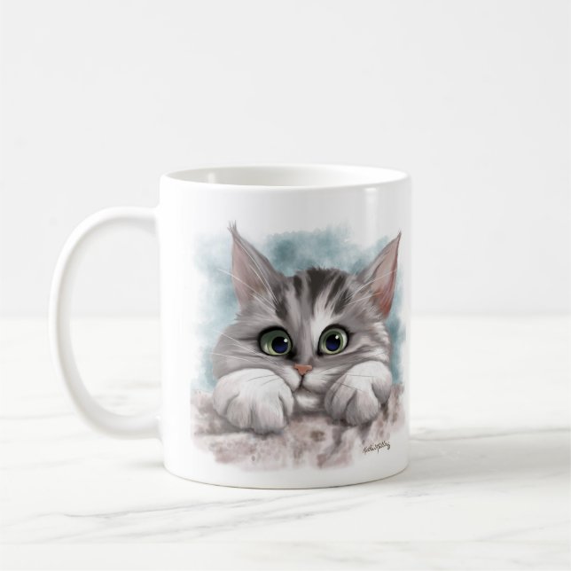 Mug Adorable Grey Tabby Kitten Cartoon (Gauche)