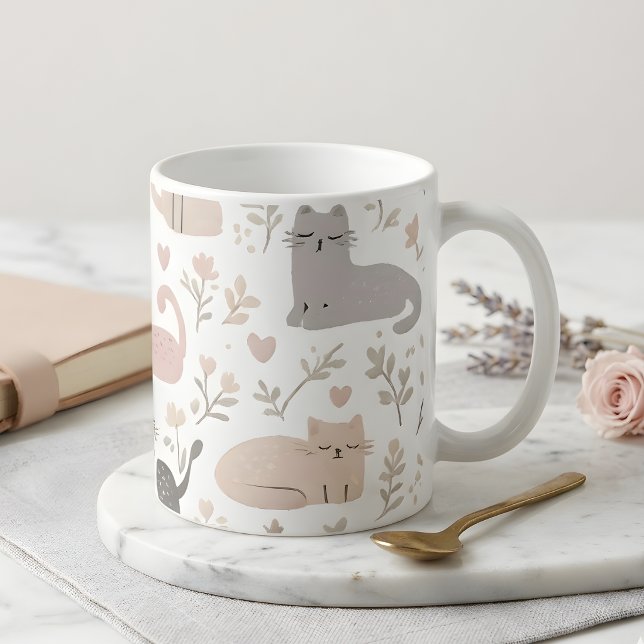 Mug Adorable Pastel Cat & Floral Pattern Coffee (Créateur téléchargé)