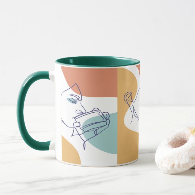 Mug affiche de dessin au trait de femme buvant du café (Avec donut)