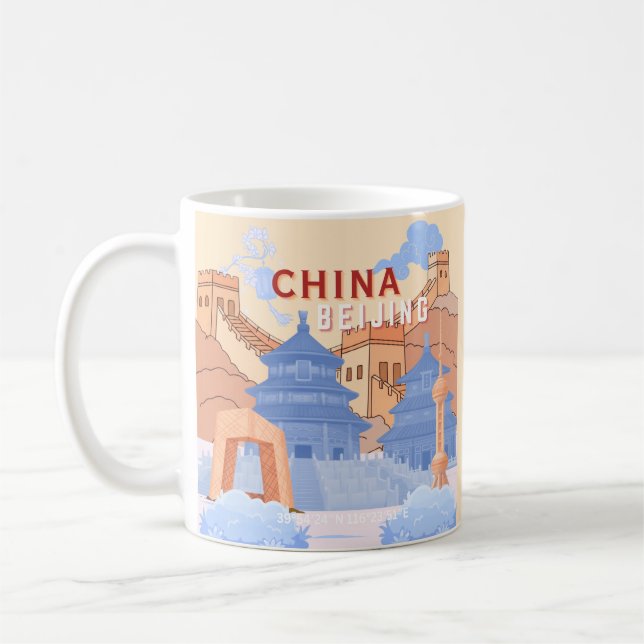 Mug Affiche de voyage à Pékin Chine | Bleu pastel et p (Gauche)