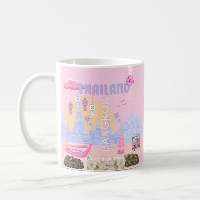 Mug Affiche de voyage rose pastel bleu de Bangkok Thaï (Gauche)