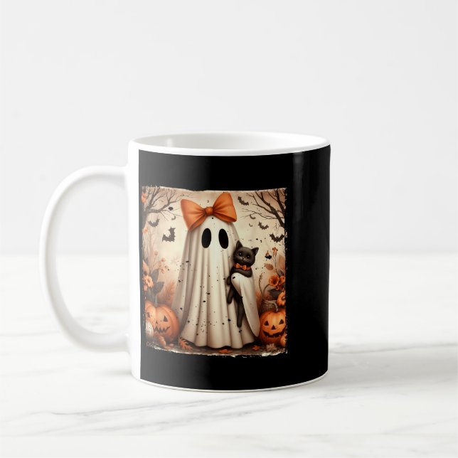 Mug Affiche Fantôme d'Halloween tenant un chaton noir (Gauche)
