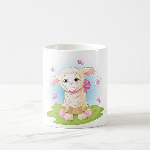Mug Agneau bébé avec noeud rose et papillons