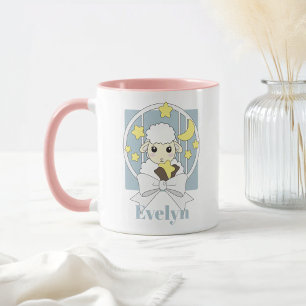 Mug Agneau de dessin animé mignon bleu pastel rétro pe