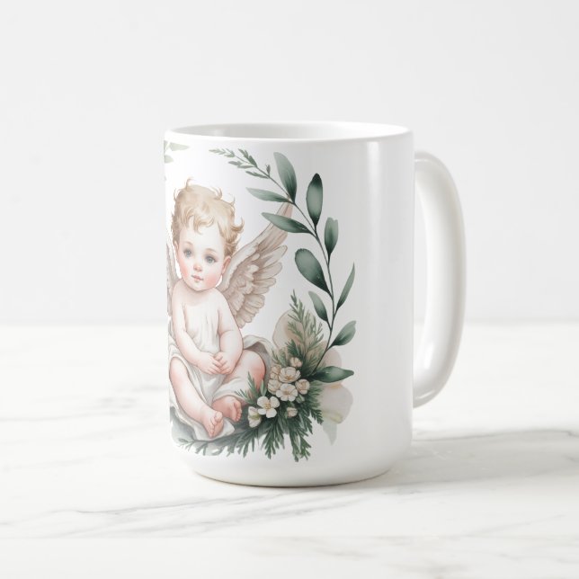 Mug Ailes d'ange à l'aquarelle Baptême Vert (Devant droit)