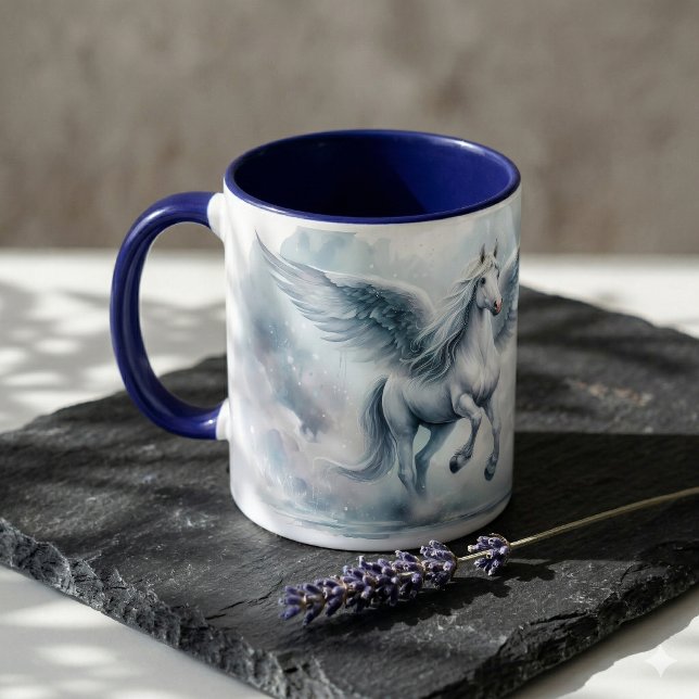 Mug Ailes de Pégase blanc Douceur Paysage de rêve ciel (White Pegasus Wings Soft Blue Sky Dreamscape Mug On Stone Counter)