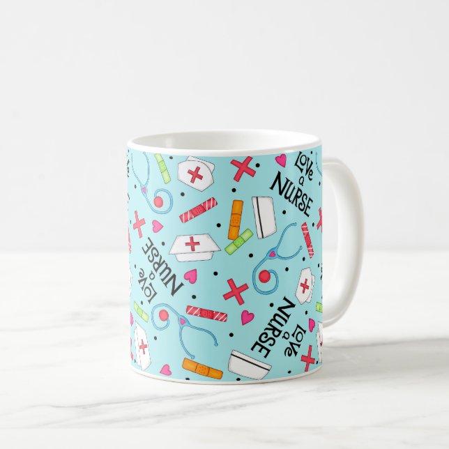Mug Aimez un bleu de turquoise d'art d'infirmière avec (Devant droit)