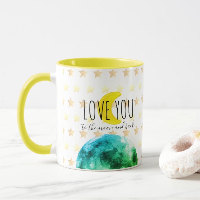 Mug "Aimez-vous à la Lune et au fond" Terre, Lune, Éto (Avec donut)
