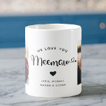 Mug Aimez-vous Meemaw Hearts Custom Deux Photo Café Mu<br><div class="desc">Simple et sucré deux tasse à café photo pour grand-mère : L'écriture manuscrite dit WE LOVE YOU MEEMAW avec de beaux coeurs fleurit sur vos noms. Personnalisez avec vos deux photos préférées et faites de ce cadeau de souvenir moderne et tendance pour une grand-mère bien-aimée.</div>