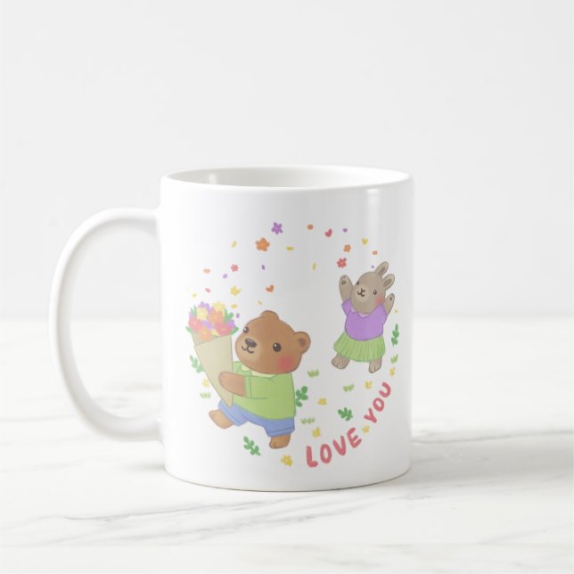 Mug Aimez-vous : Ours et lapin en peluche avec fleurs (Gauche)