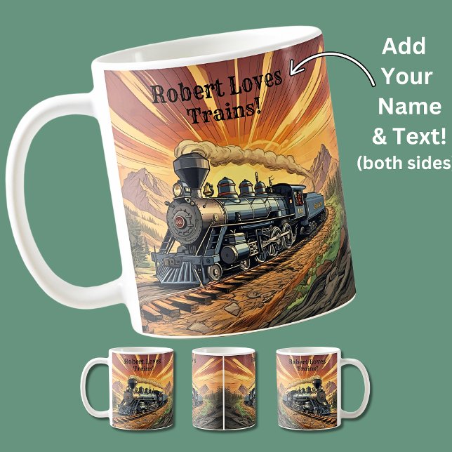 Mug Ajouter Le Nom Texte, Train À Vapeur Au Coucher Du (Créateur téléchargé)