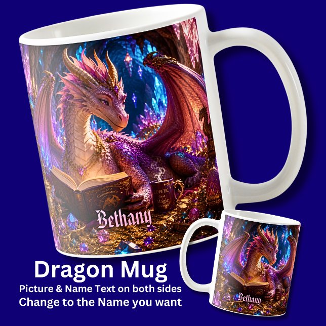 Mug Ajouter Nom Dragon Fantastique avec Livre & Café (Créateur téléchargé)