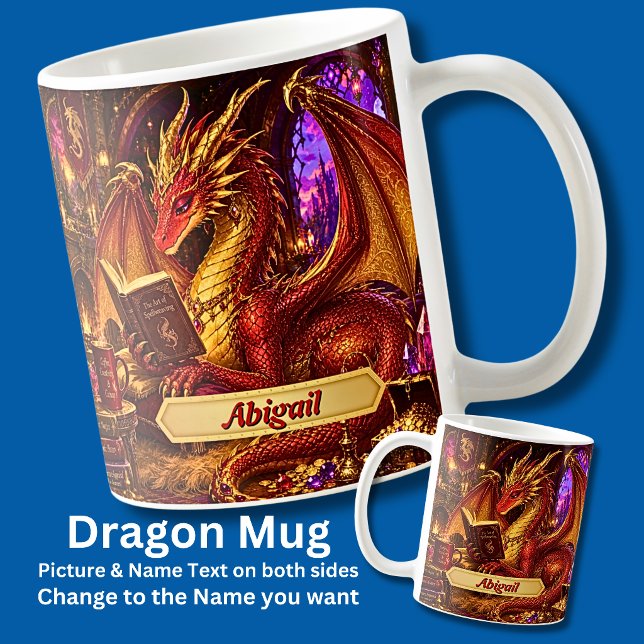 Mug Ajouter Nom, Dragon Fantastique avec Livre & Café  (Créateur téléchargé)