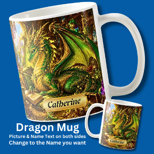Mug Ajouter Nom Dragon Vert Or avec Livre & Café